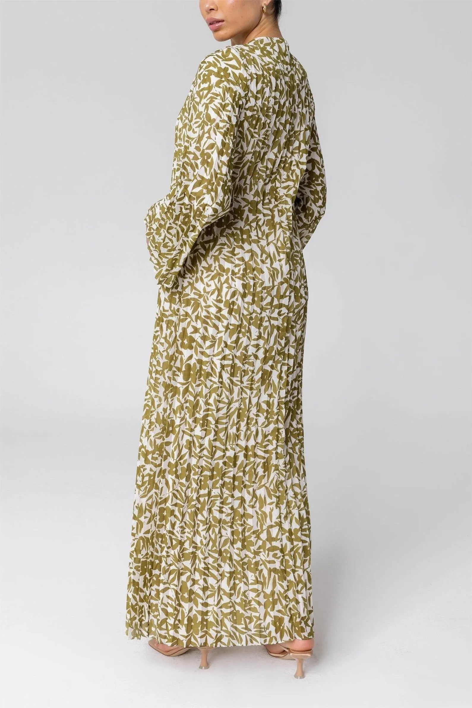 Pleated Printed Shift Maxi Dress -Brown