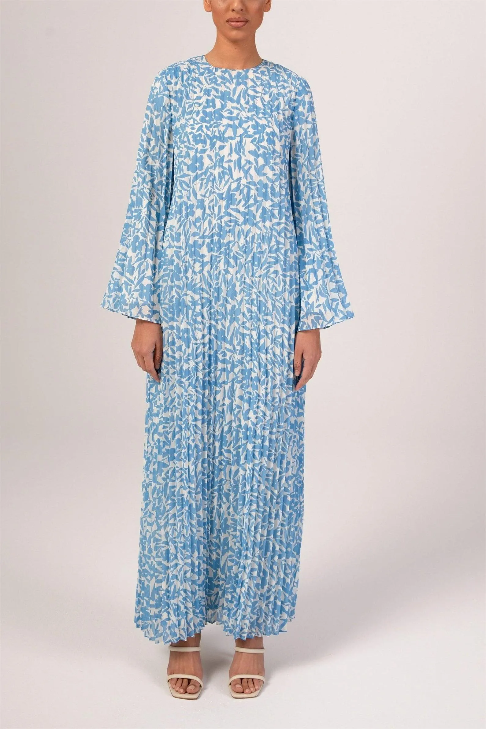 Pleated Printed Shift Maxi Dress -Brown