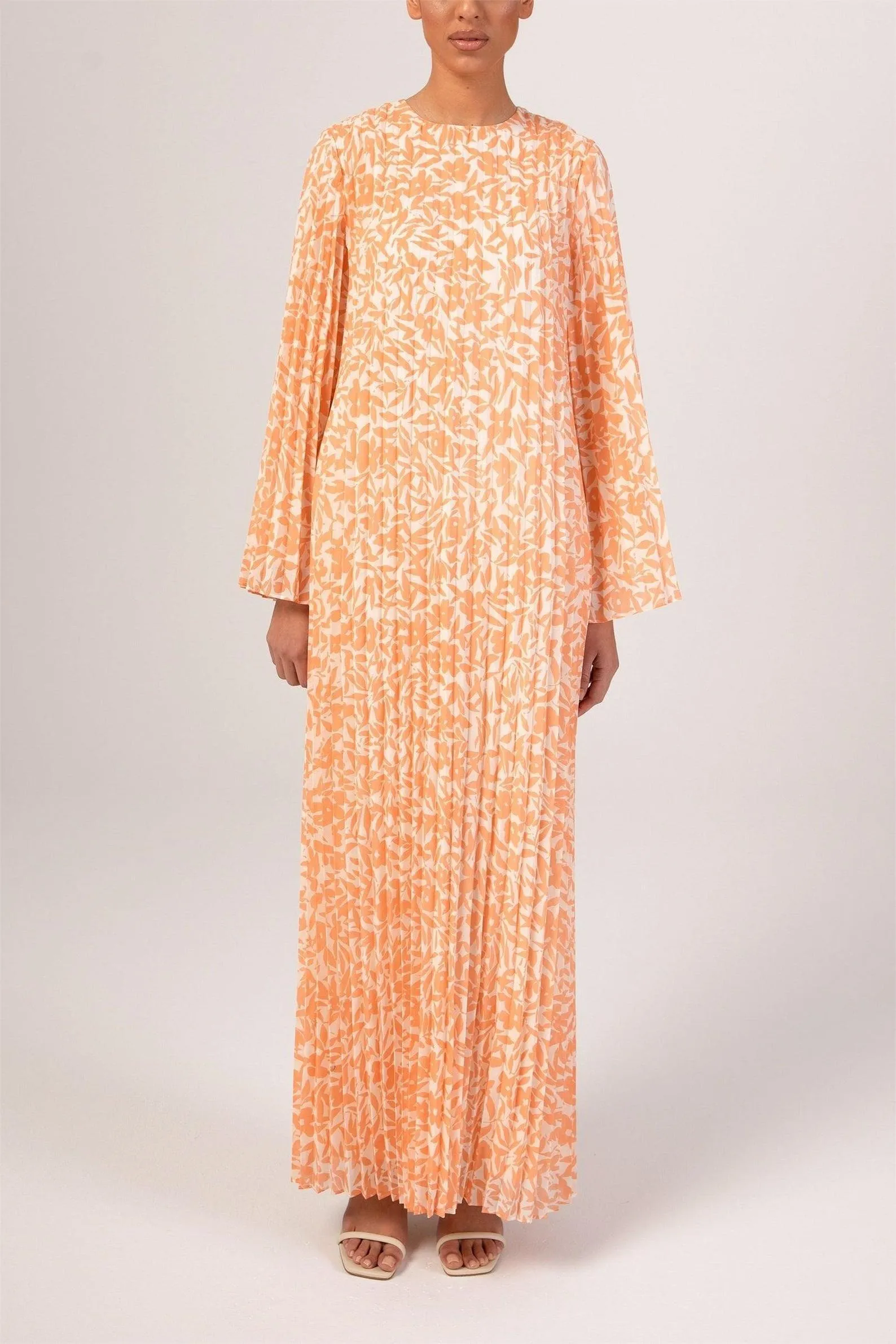 Pleated Printed Shift Maxi Dress -Brown