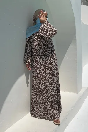 Pleated Printed Shift Maxi Dress -Brown