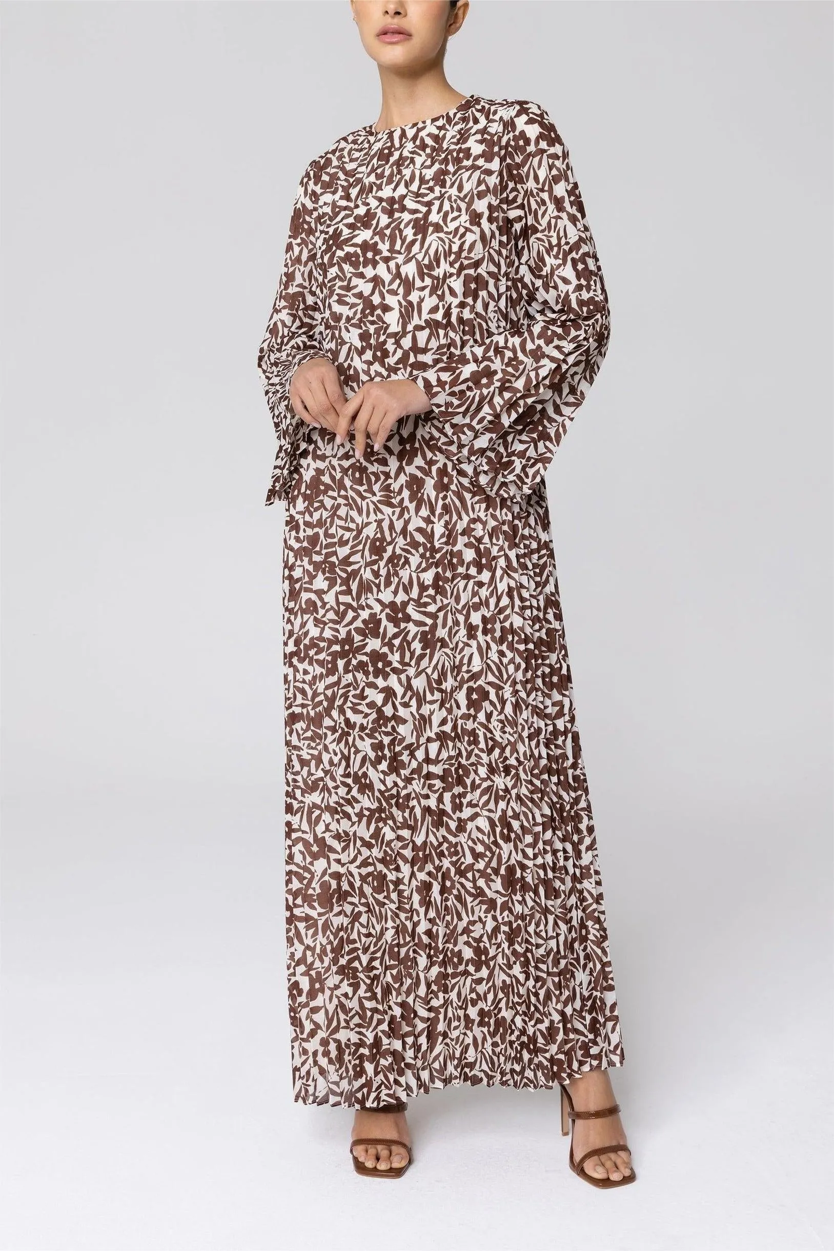 Pleated Printed Shift Maxi Dress -Brown
