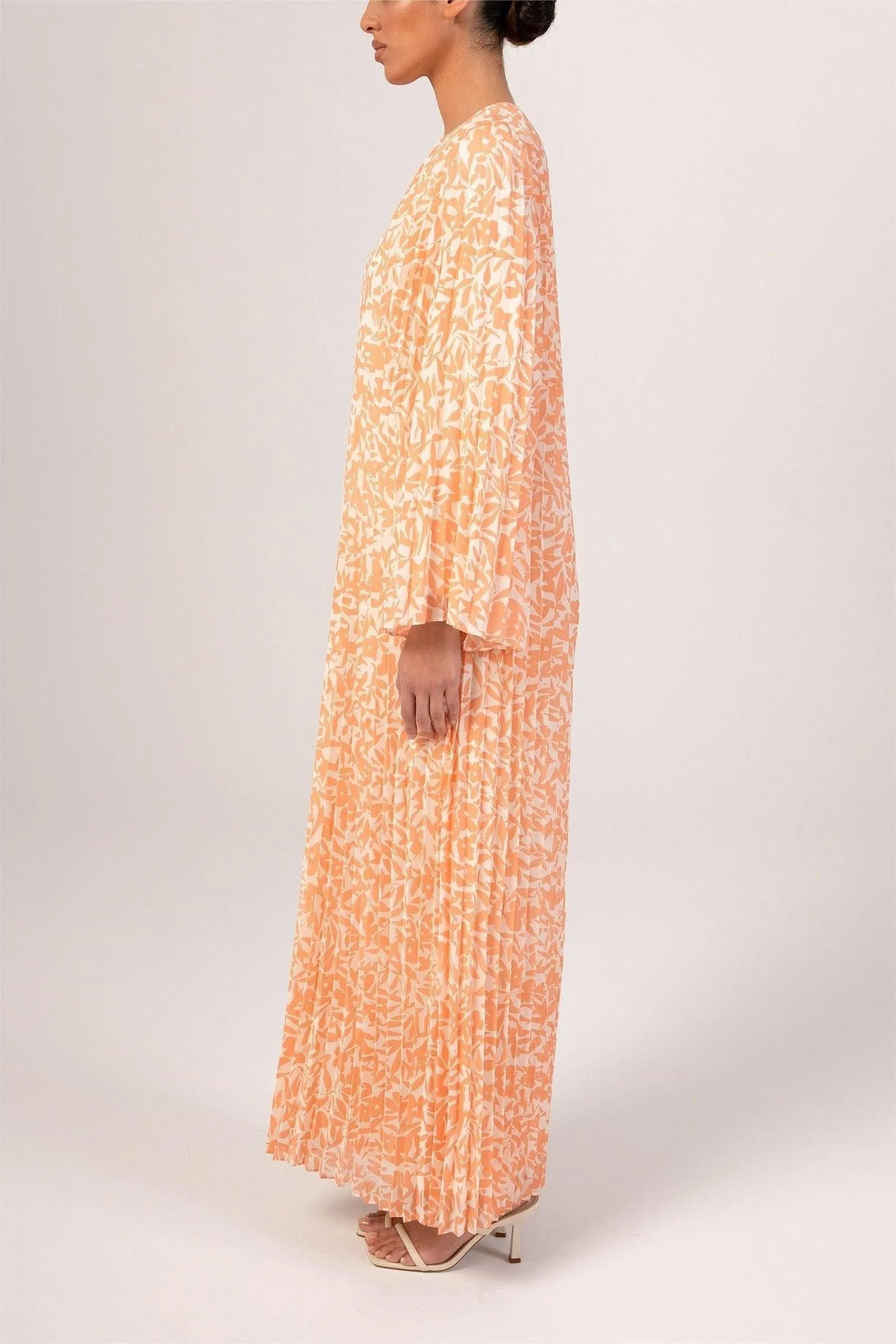 Pleated Printed Shift Maxi Dress -Brown
