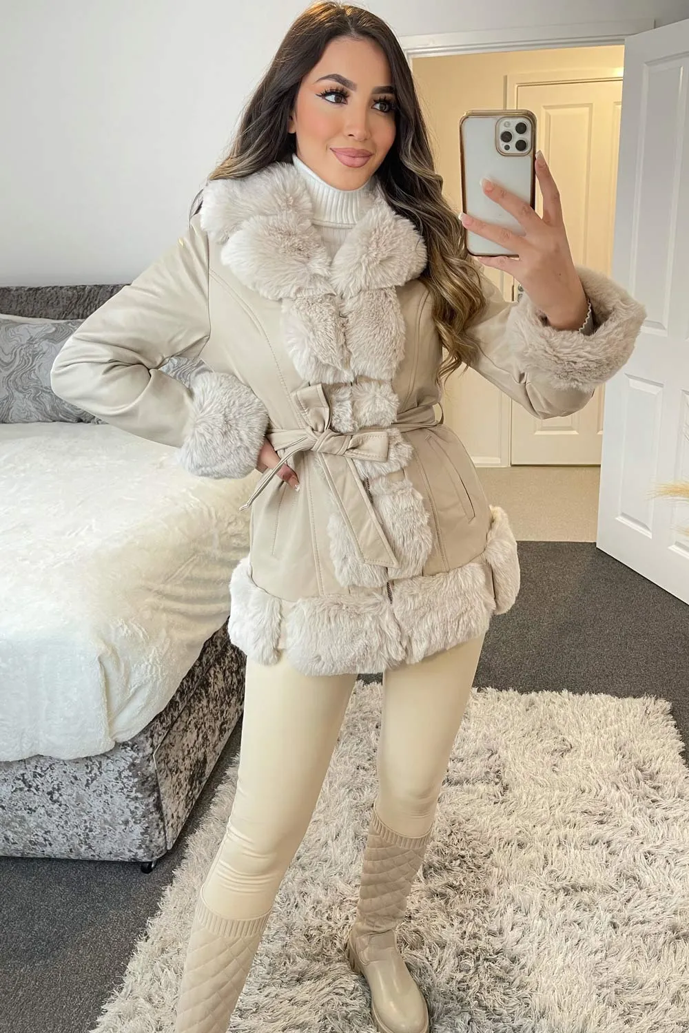 Raven Beige Faux Fur Trim Faux Leather Zip Up Belted Coat