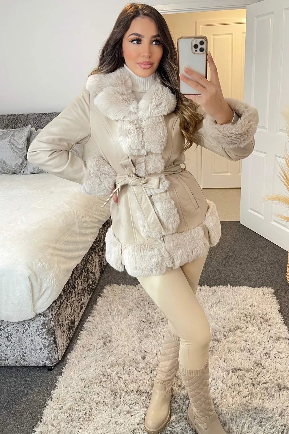 Raven Beige Faux Fur Trim Faux Leather Zip Up Belted Coat