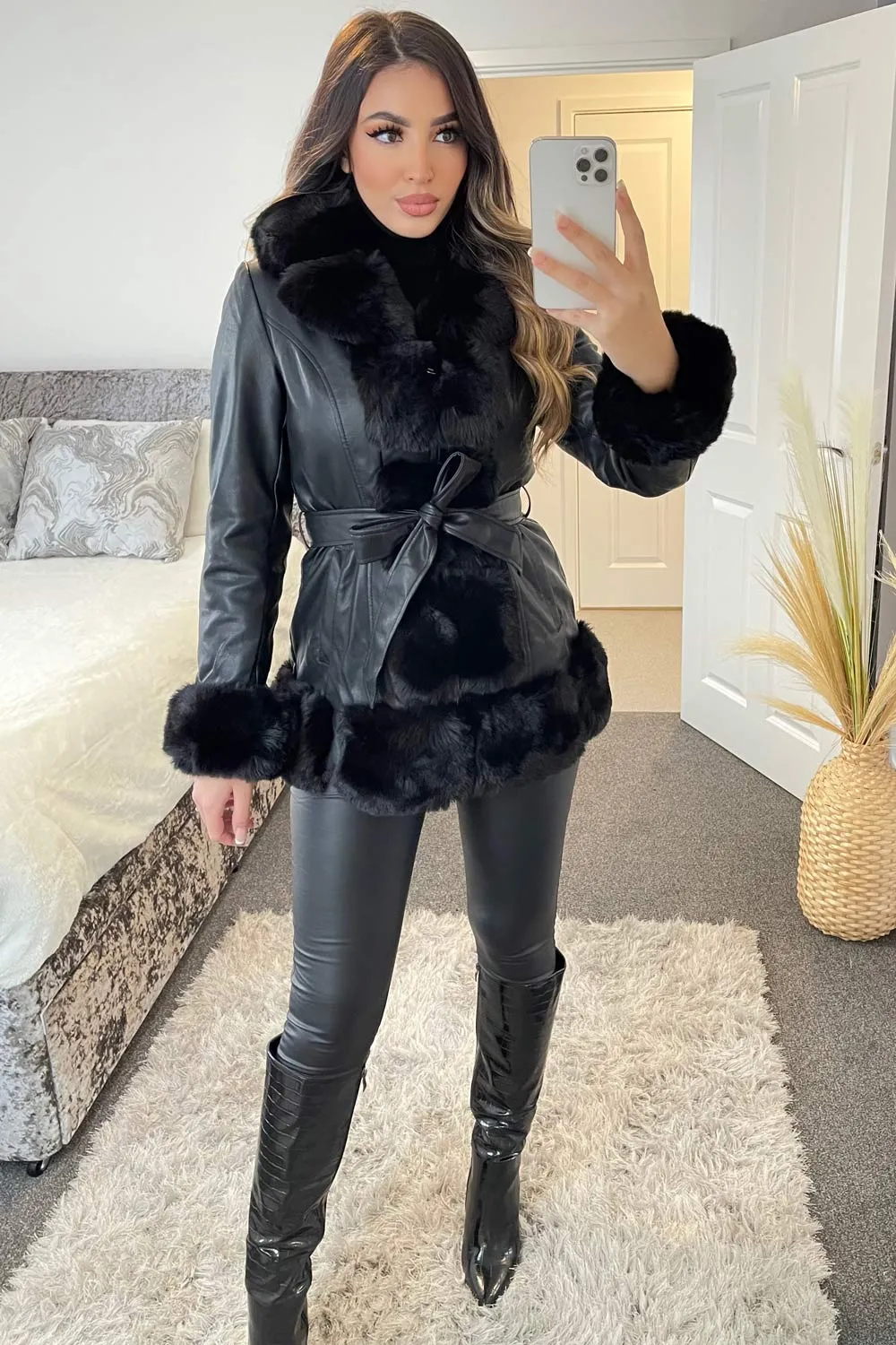 Raven Black Faux Fur Trim Faux Leather Zip Up Belted Coat