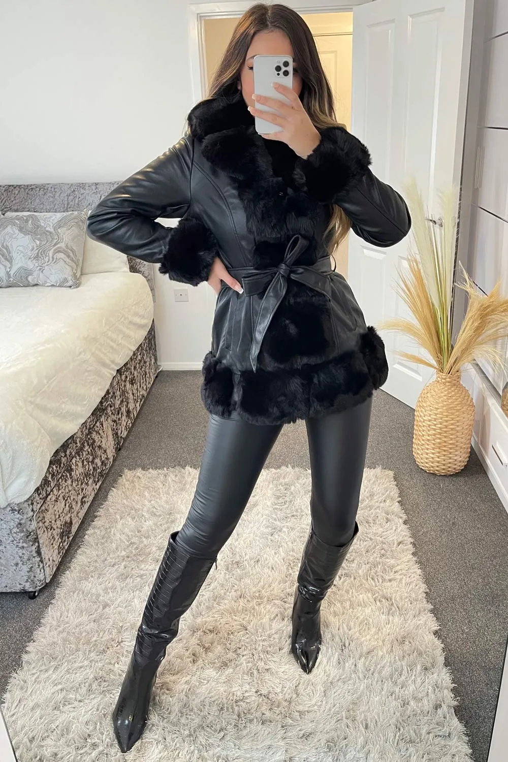 Raven Black Faux Fur Trim Faux Leather Zip Up Belted Coat