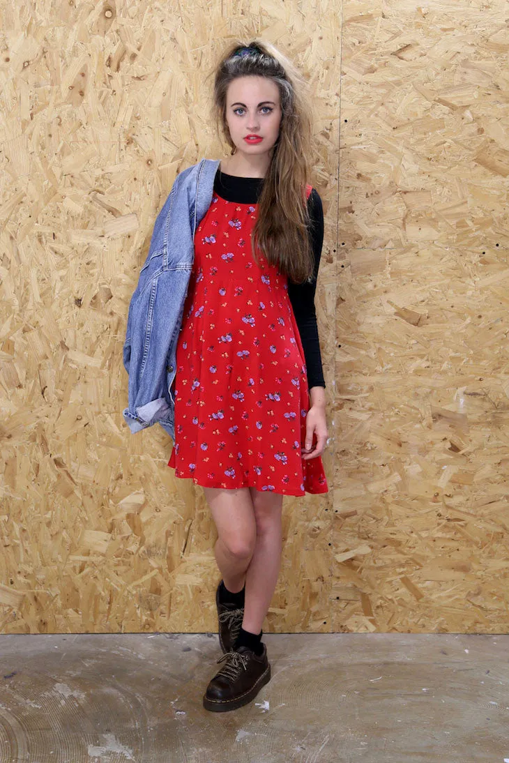 Red Shift Dress with Ditsy Floral Print