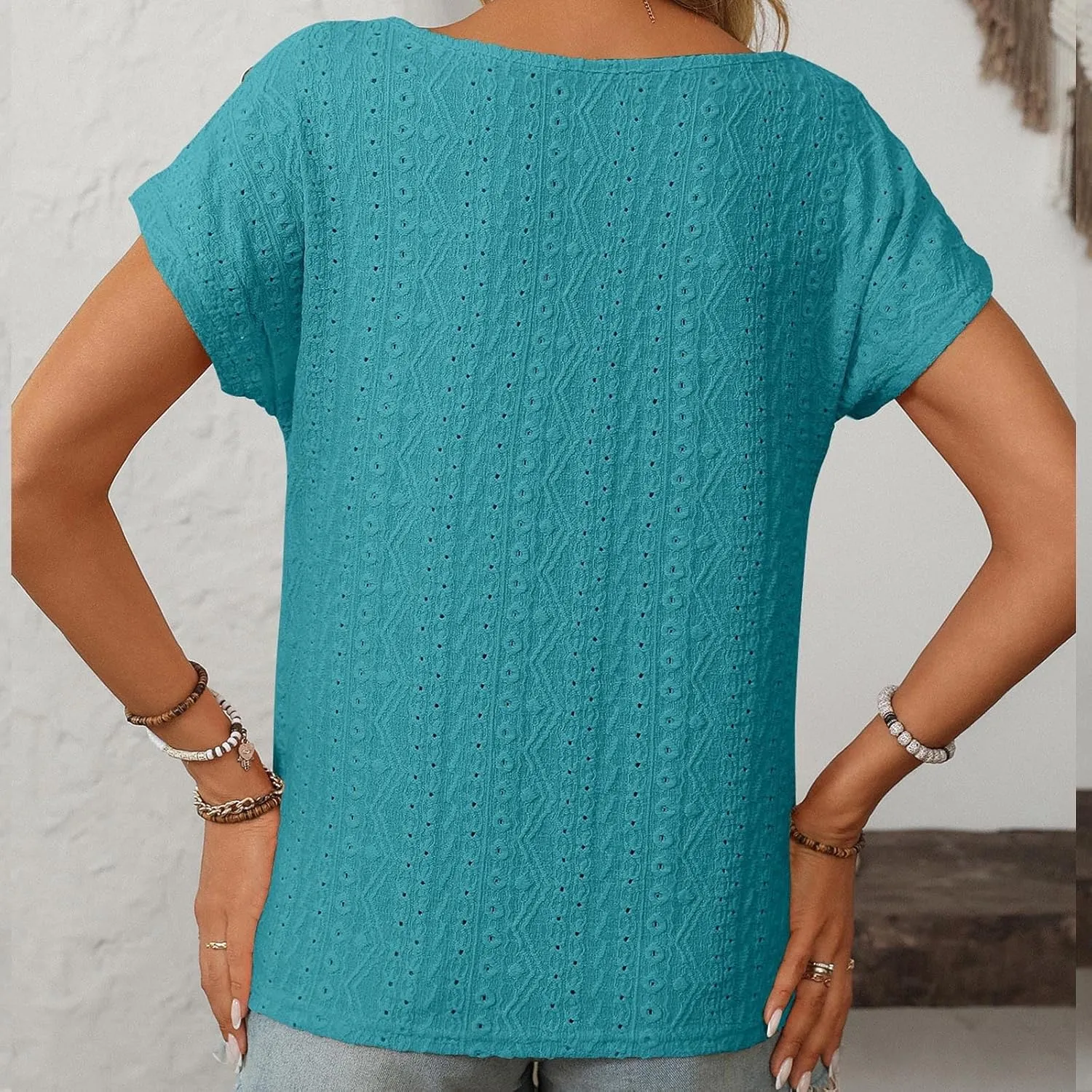 Short Sleeve Shirt Womens Round Neck Eyelet Embroidery Tee Blouse Hollow Out Going Out Basic Casual Loose Tops