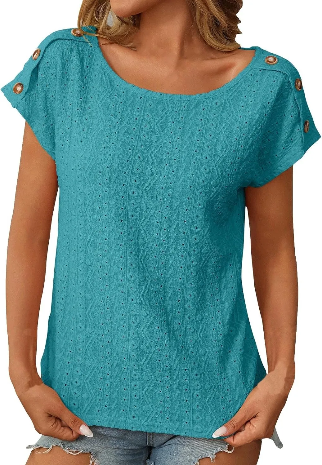 Short Sleeve Shirt Womens Round Neck Eyelet Embroidery Tee Blouse Hollow Out Going Out Basic Casual Loose Tops