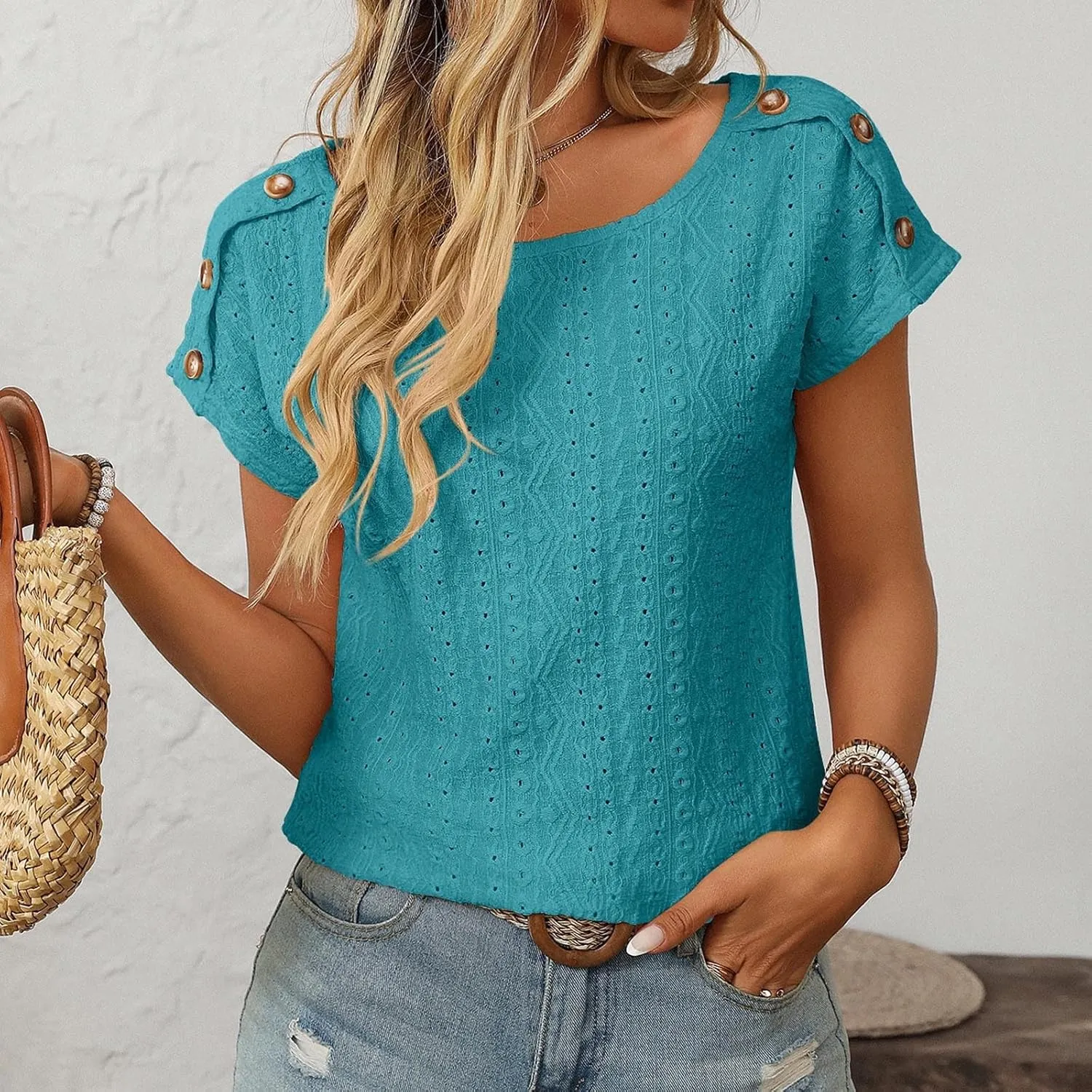 Short Sleeve Shirt Womens Round Neck Eyelet Embroidery Tee Blouse Hollow Out Going Out Basic Casual Loose Tops