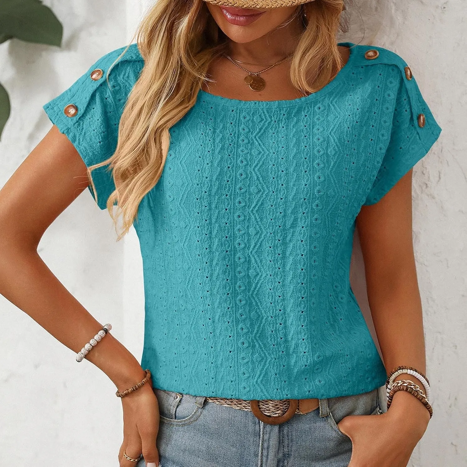 Short Sleeve Shirt Womens Round Neck Eyelet Embroidery Tee Blouse Hollow Out Going Out Basic Casual Loose Tops