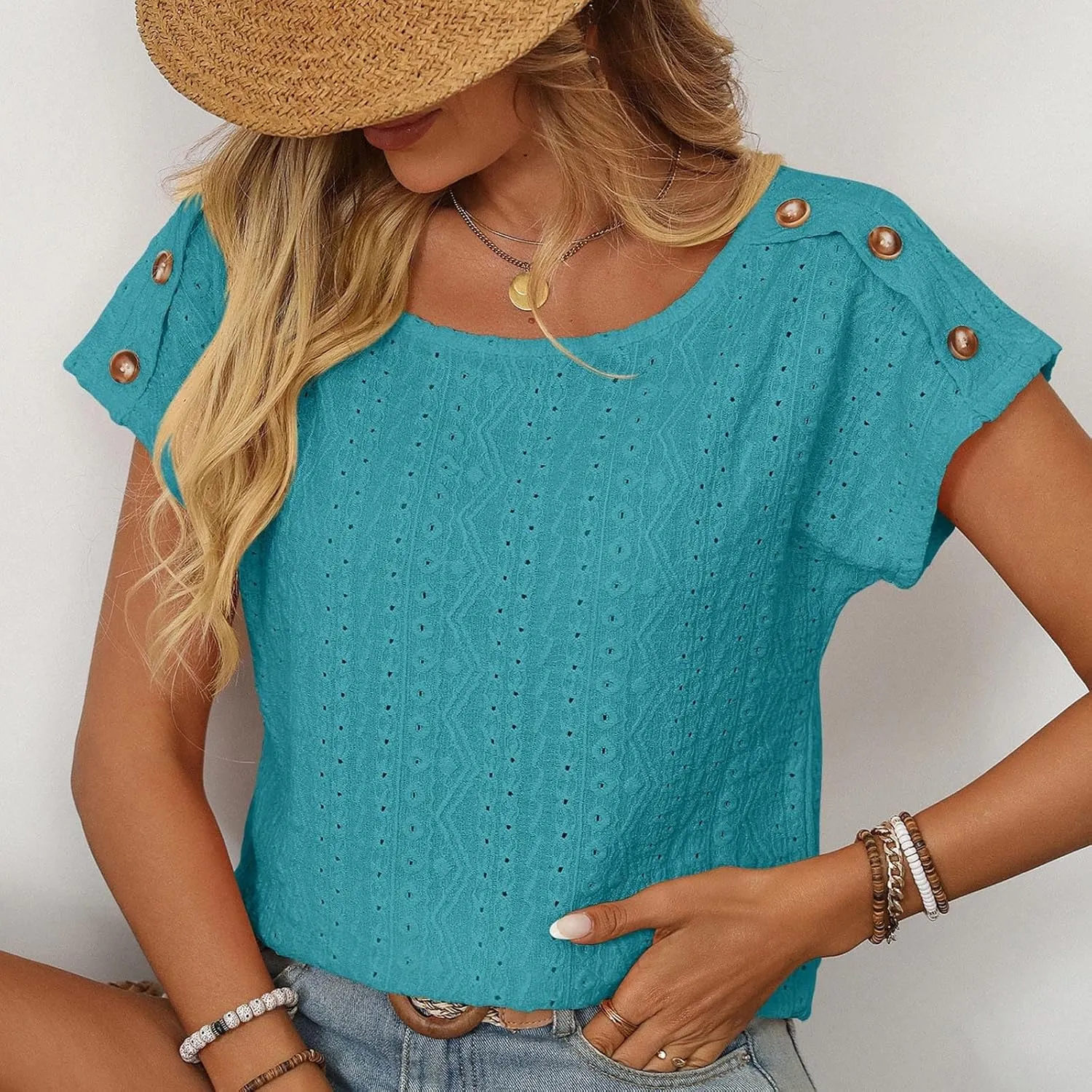 Short Sleeve Shirt Womens Round Neck Eyelet Embroidery Tee Blouse Hollow Out Going Out Basic Casual Loose Tops