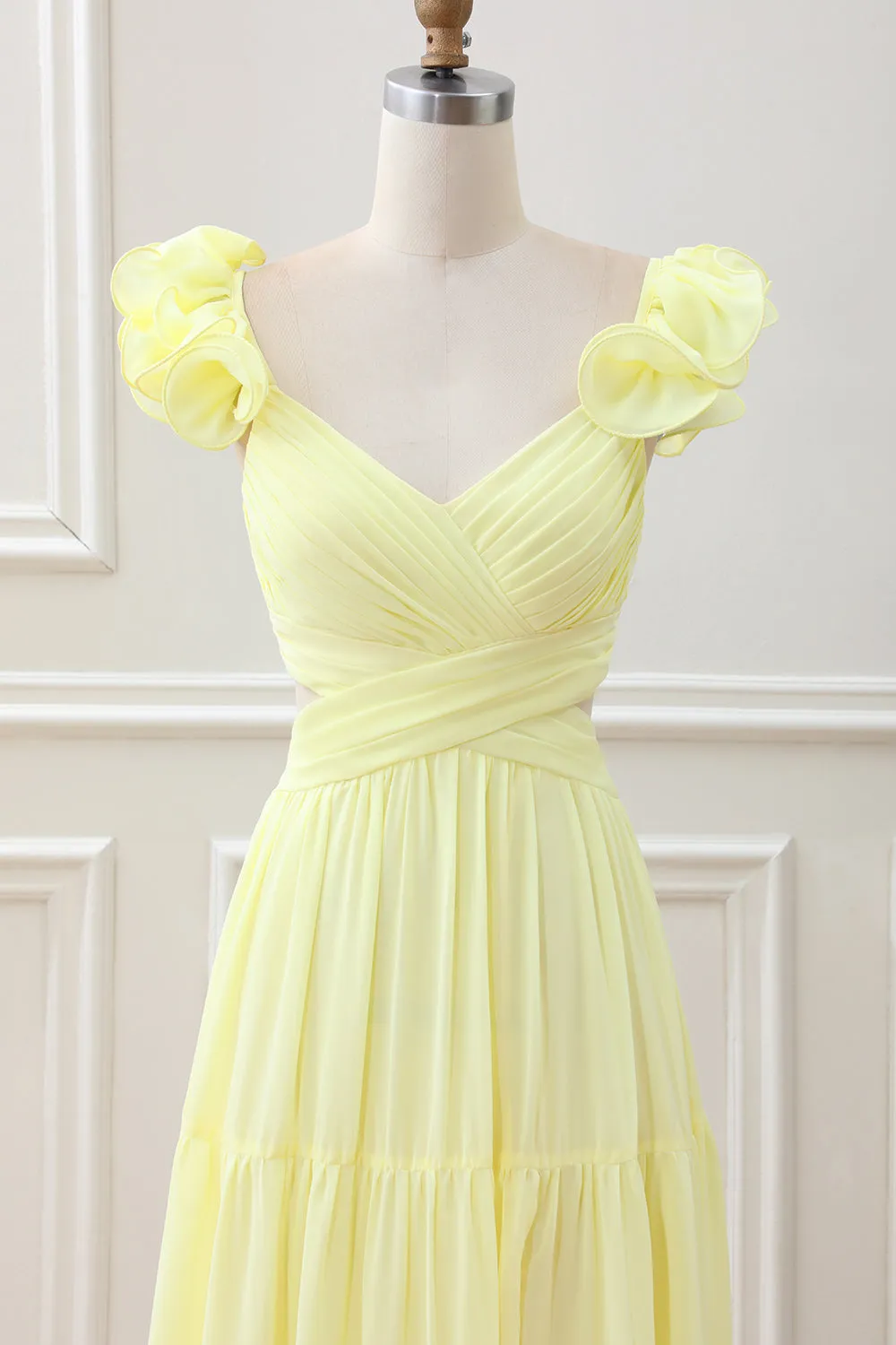 Simple Lemon Yellow A Line Pleated Ruffled Wedding Guest Dress