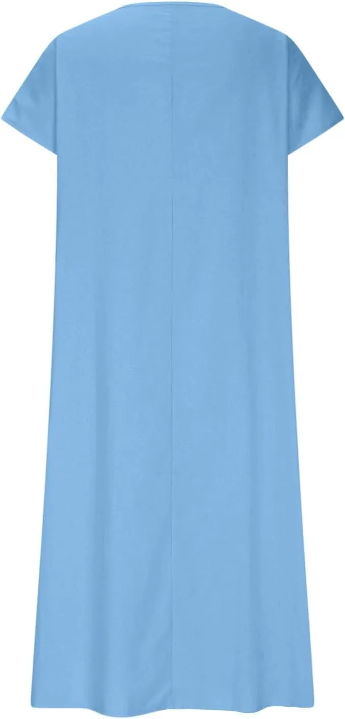 Summer Cotton Linen Dress Women Short Sleeve V Neck Shift A Line Maxi Dresses Comfy Flowy Swing Long Beach Dress