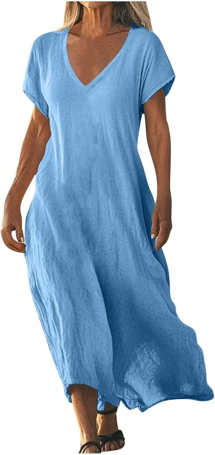 Summer Cotton Linen Dress Women Short Sleeve V Neck Shift A Line Maxi Dresses Comfy Flowy Swing Long Beach Dress