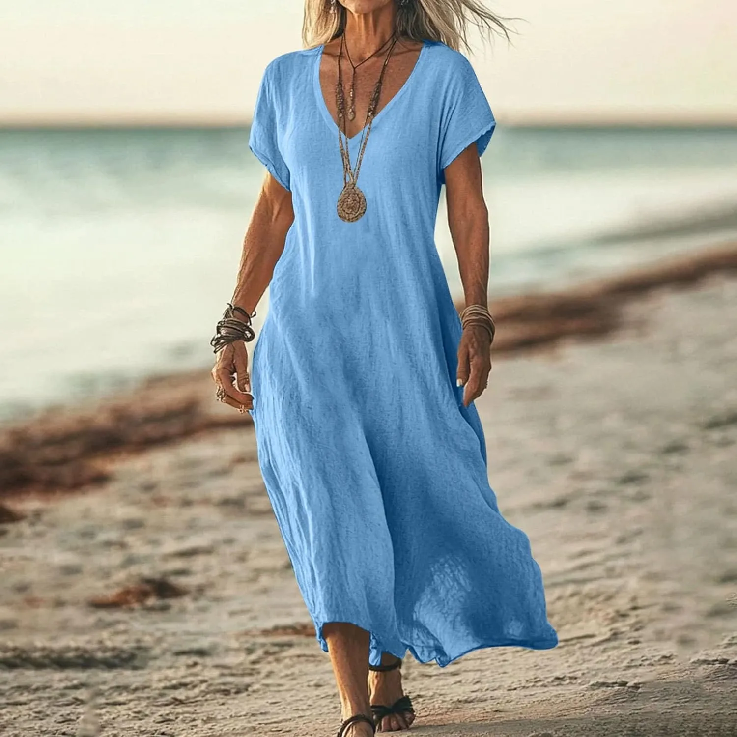 Summer Cotton Linen Dress Women Short Sleeve V Neck Shift A Line Maxi Dresses Comfy Flowy Swing Long Beach Dress