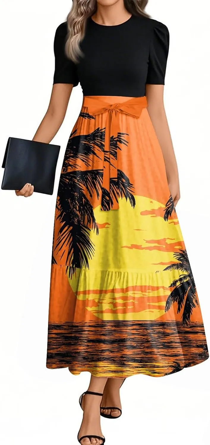 Summer Maxi Dress Church Dresses for Women 2025 Short Sleeve Crewneck Empire Waist Dress Aline Flowy Vacation Dresses