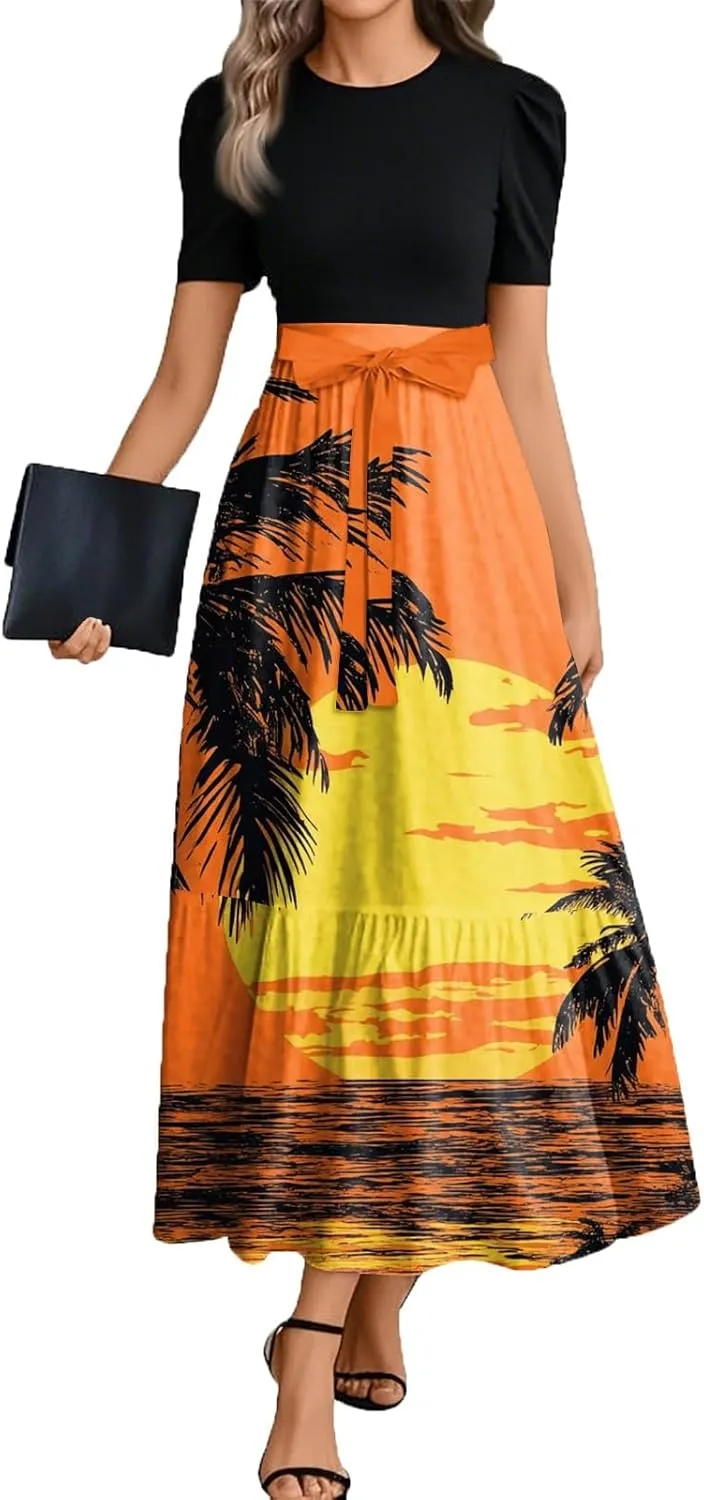 Summer Maxi Dress Church Dresses for Women 2025 Short Sleeve Crewneck Empire Waist Dress Aline Flowy Vacation Dresses