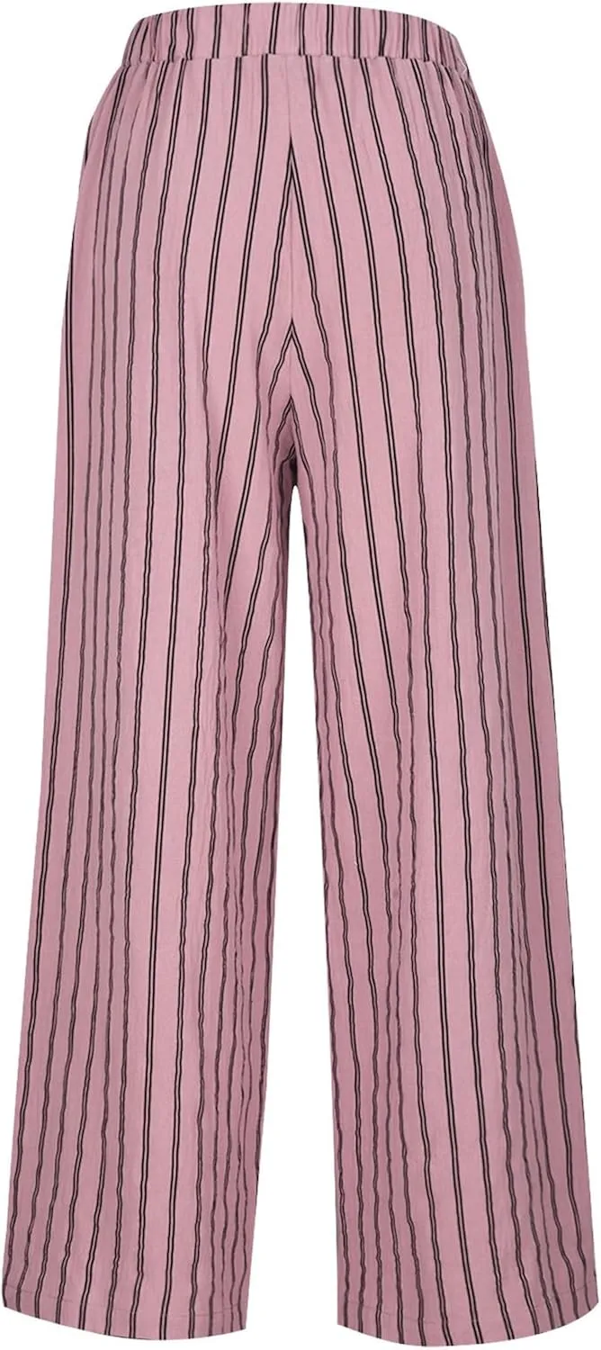 Wide Leg Pants Womans Summer Palazzo Capri Culottes for Women Linen Striped Print Vintage Baggy Beach Cropped Trousers