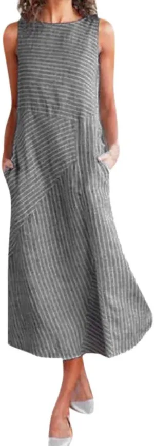 Women Casual Striped Sleeveless Dress Neck Linen Dress Pocket Long T Shirt Dress S, XXL