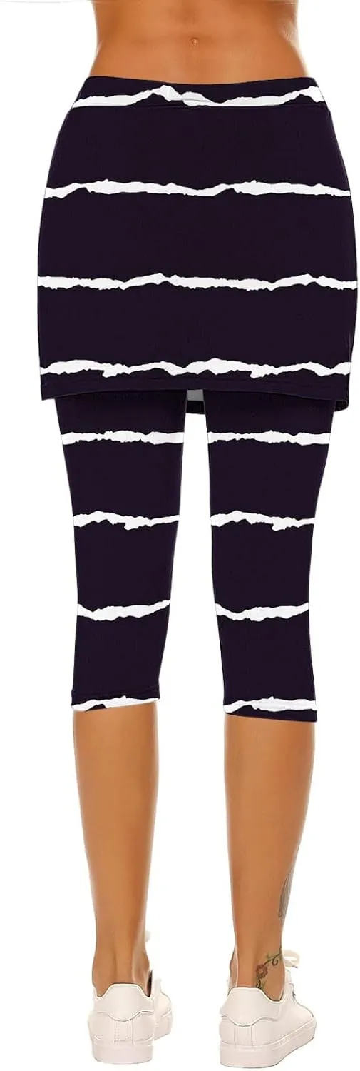 Women Cropped Trousers with Skirt, Ladies Stripe Capri Leggings 3/4 Length Yoga Pants, Elasticated Waist Sweatpants
