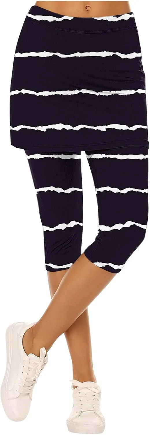 Women Cropped Trousers with Skirt, Ladies Stripe Capri Leggings 3/4 Length Yoga Pants, Elasticated Waist Sweatpants