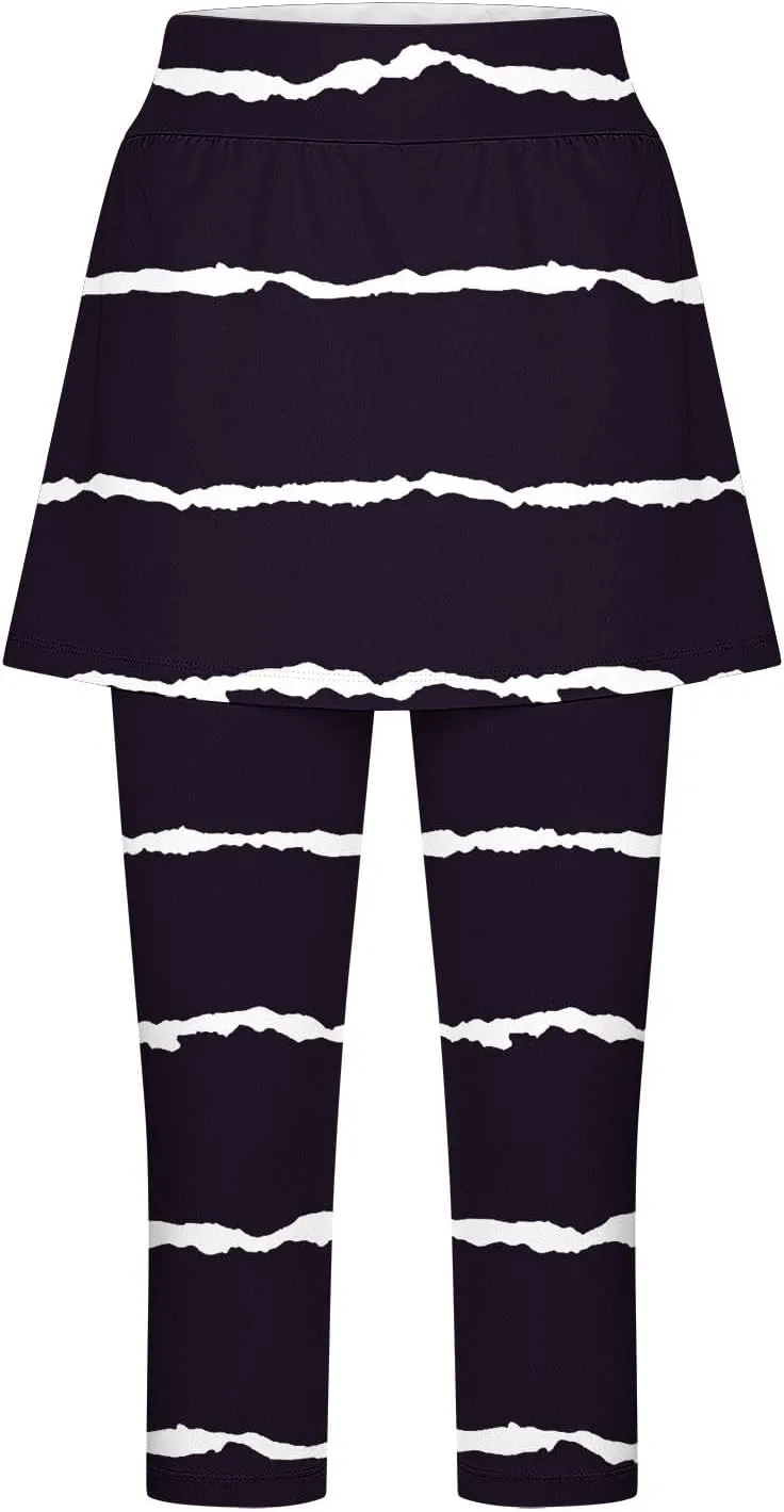 Women Cropped Trousers with Skirt, Ladies Stripe Capri Leggings 3/4 Length Yoga Pants, Elasticated Waist Sweatpants