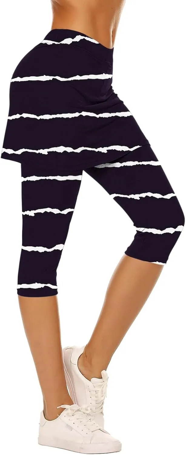 Women Cropped Trousers with Skirt, Ladies Stripe Capri Leggings 3/4 Length Yoga Pants, Elasticated Waist Sweatpants