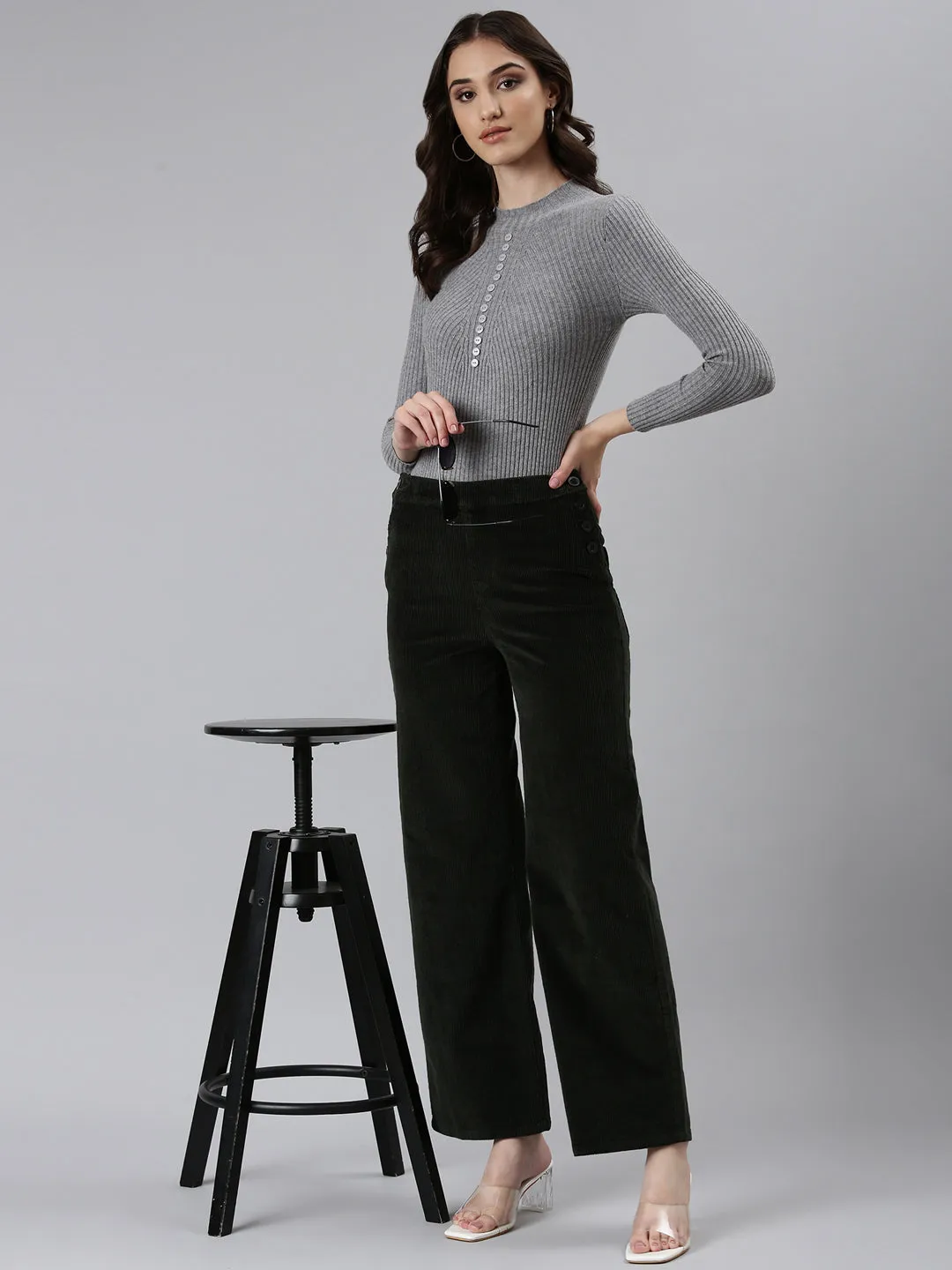 Women Olive Straight Fit High-Rise Trousers