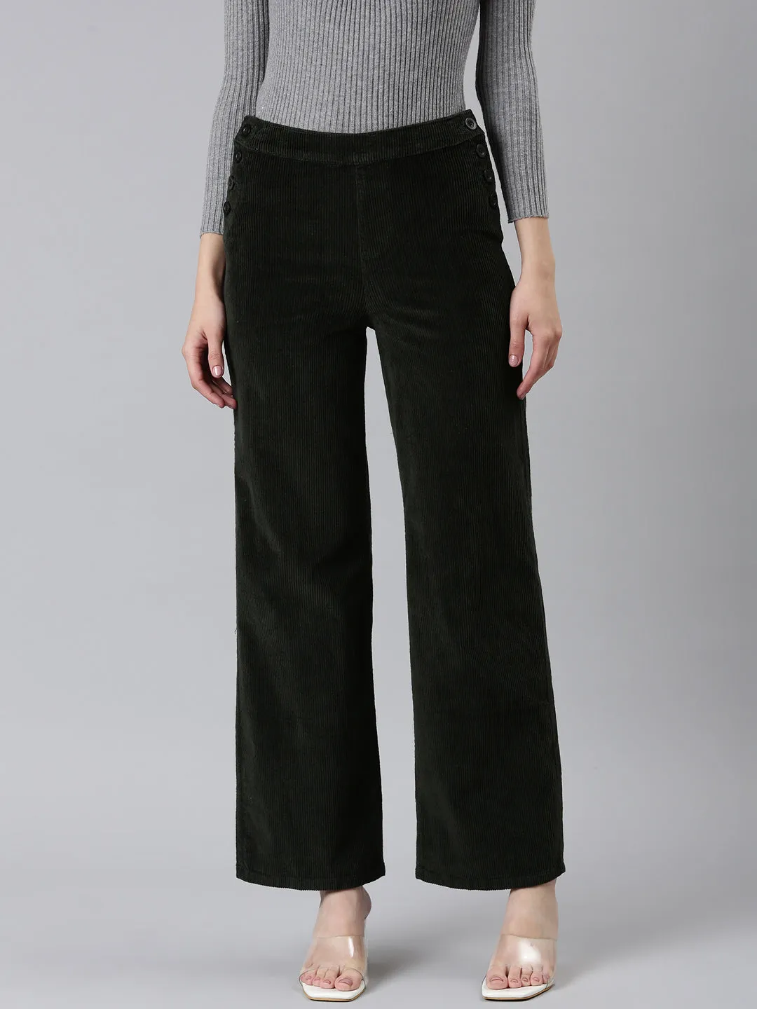 Women Olive Straight Fit High-Rise Trousers