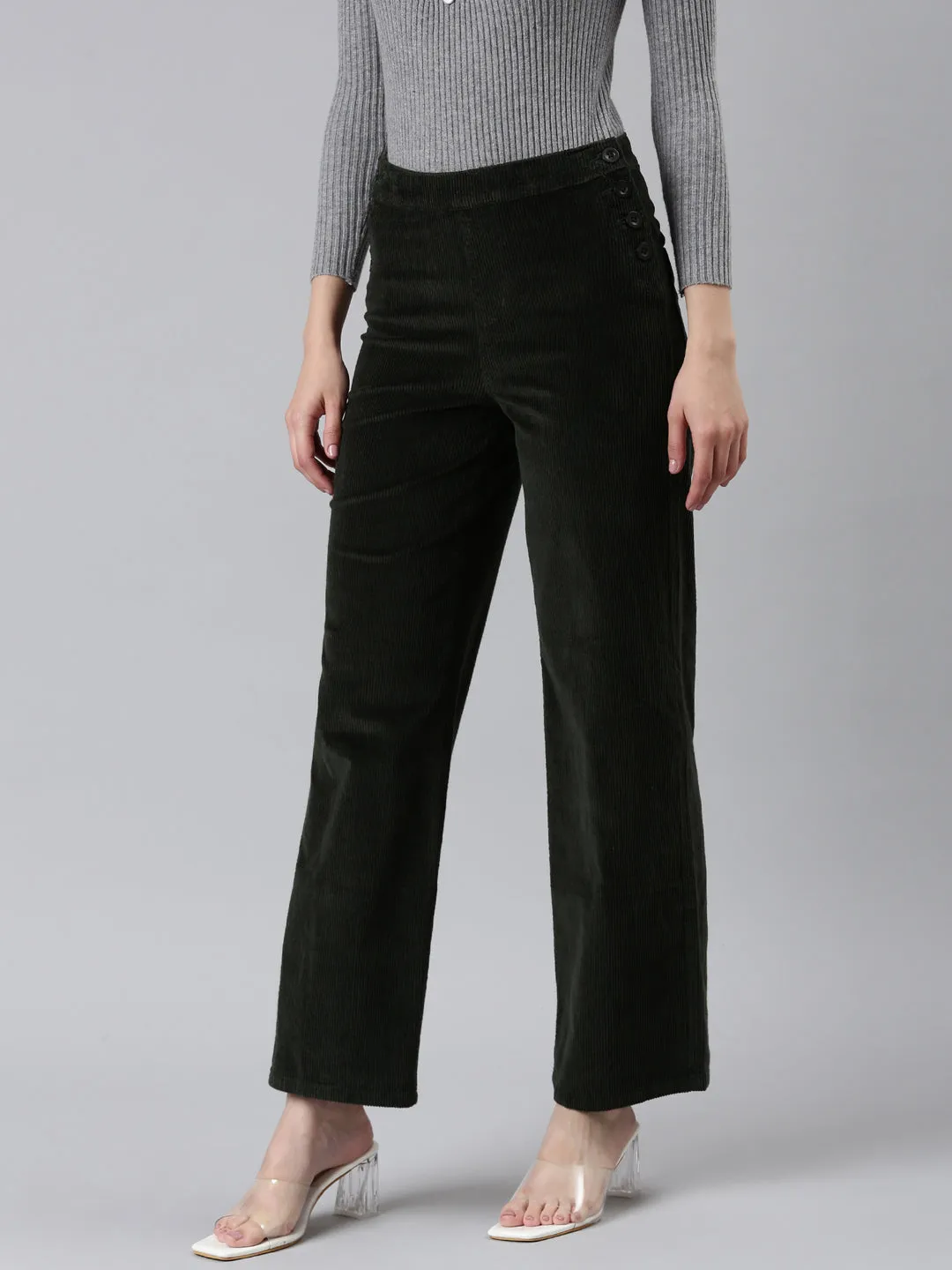 Women Olive Straight Fit High-Rise Trousers