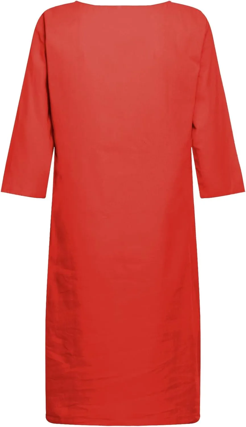 Women Summer Midi Shirt Dresses V Neck Linen Dress Summer Half Sleeve Knee Length Shift Dress Lapel Casual Cotton Linen Dress
