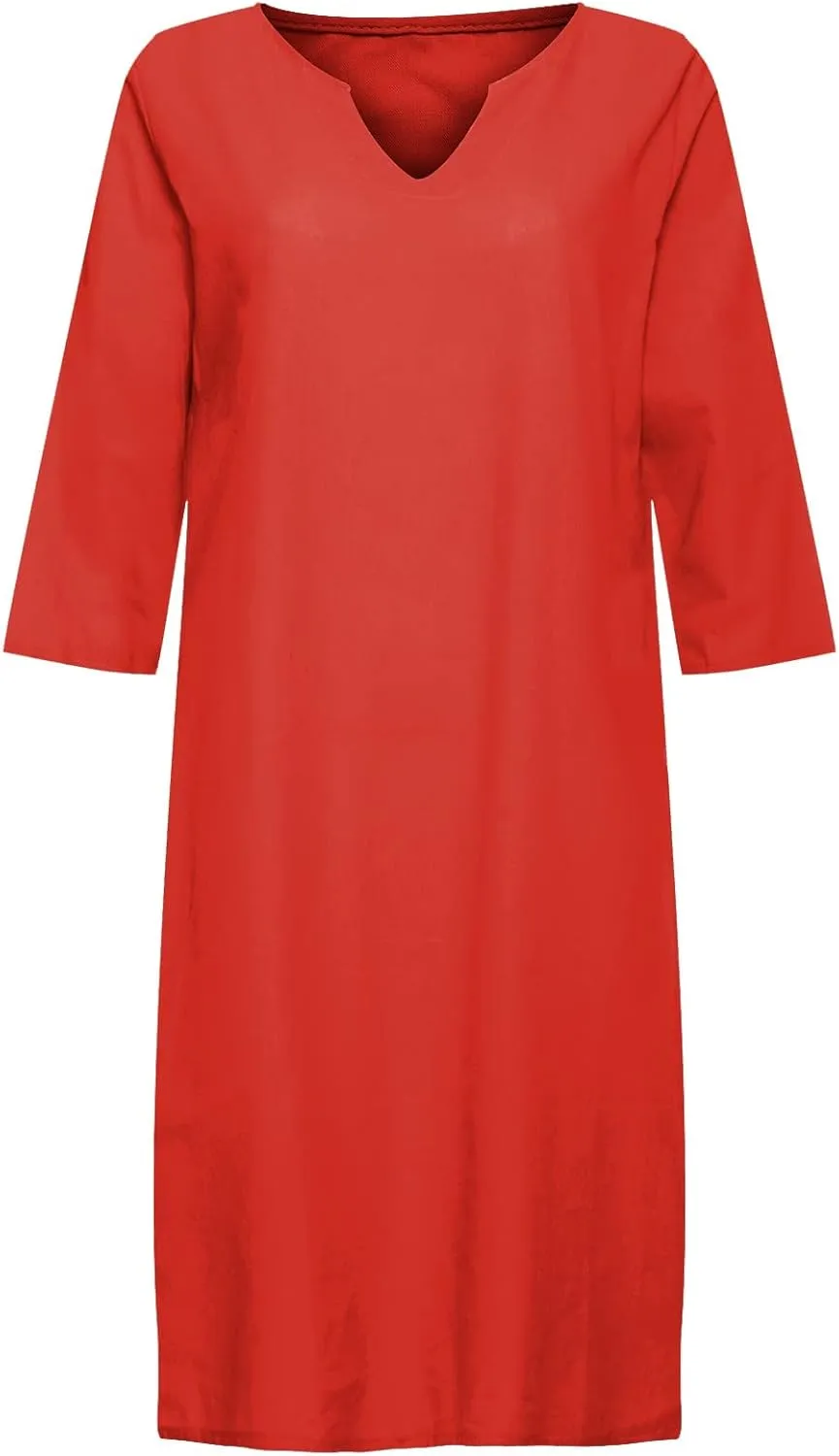 Women Summer Midi Shirt Dresses V Neck Linen Dress Summer Half Sleeve Knee Length Shift Dress Lapel Casual Cotton Linen Dress