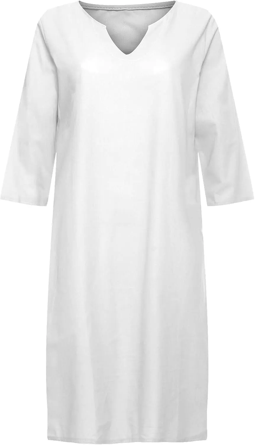 Women Summer Midi Shirt Dresses V Neck Linen Dress Summer Half Sleeve Knee Length Shift Dress Lapel Casual Cotton Linen Dress