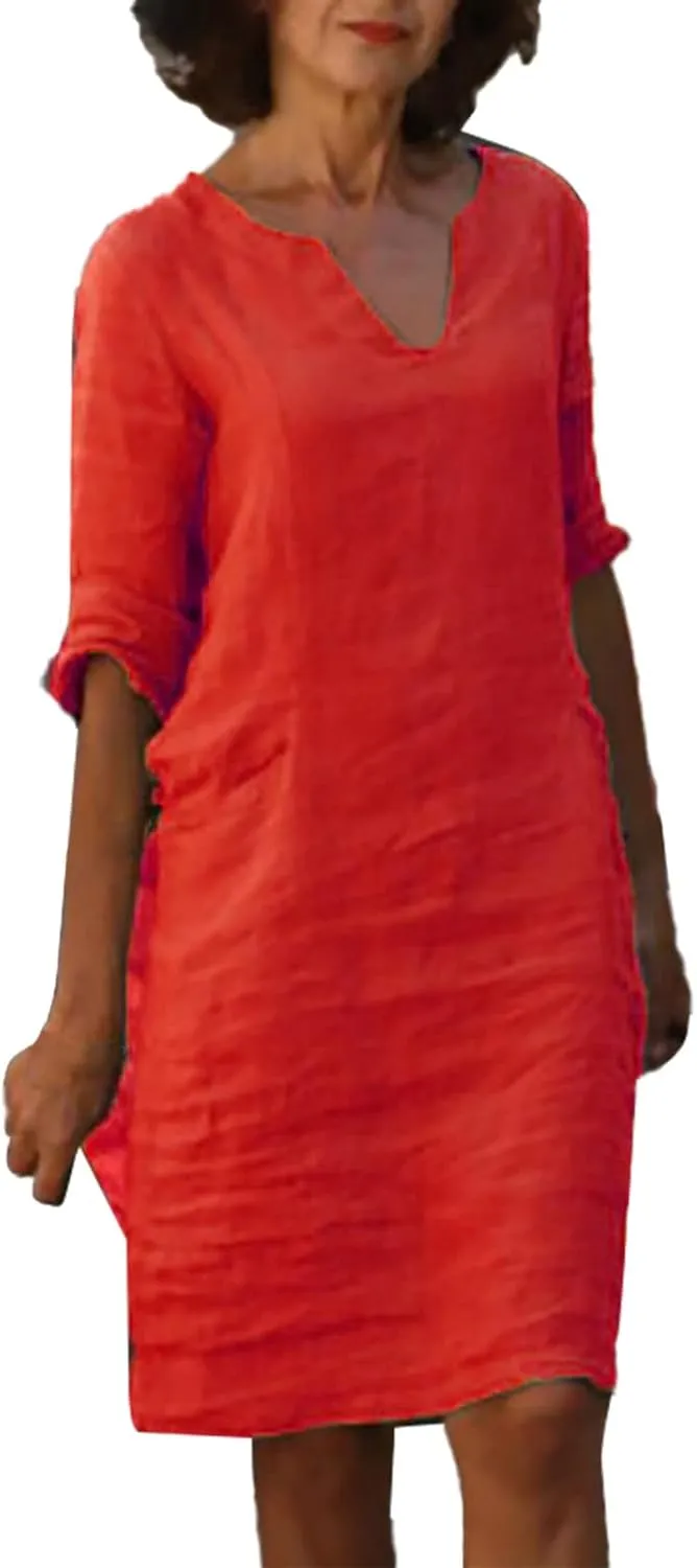 Women Summer Midi Shirt Dresses V Neck Linen Dress Summer Half Sleeve Knee Length Shift Dress Lapel Casual Cotton Linen Dress