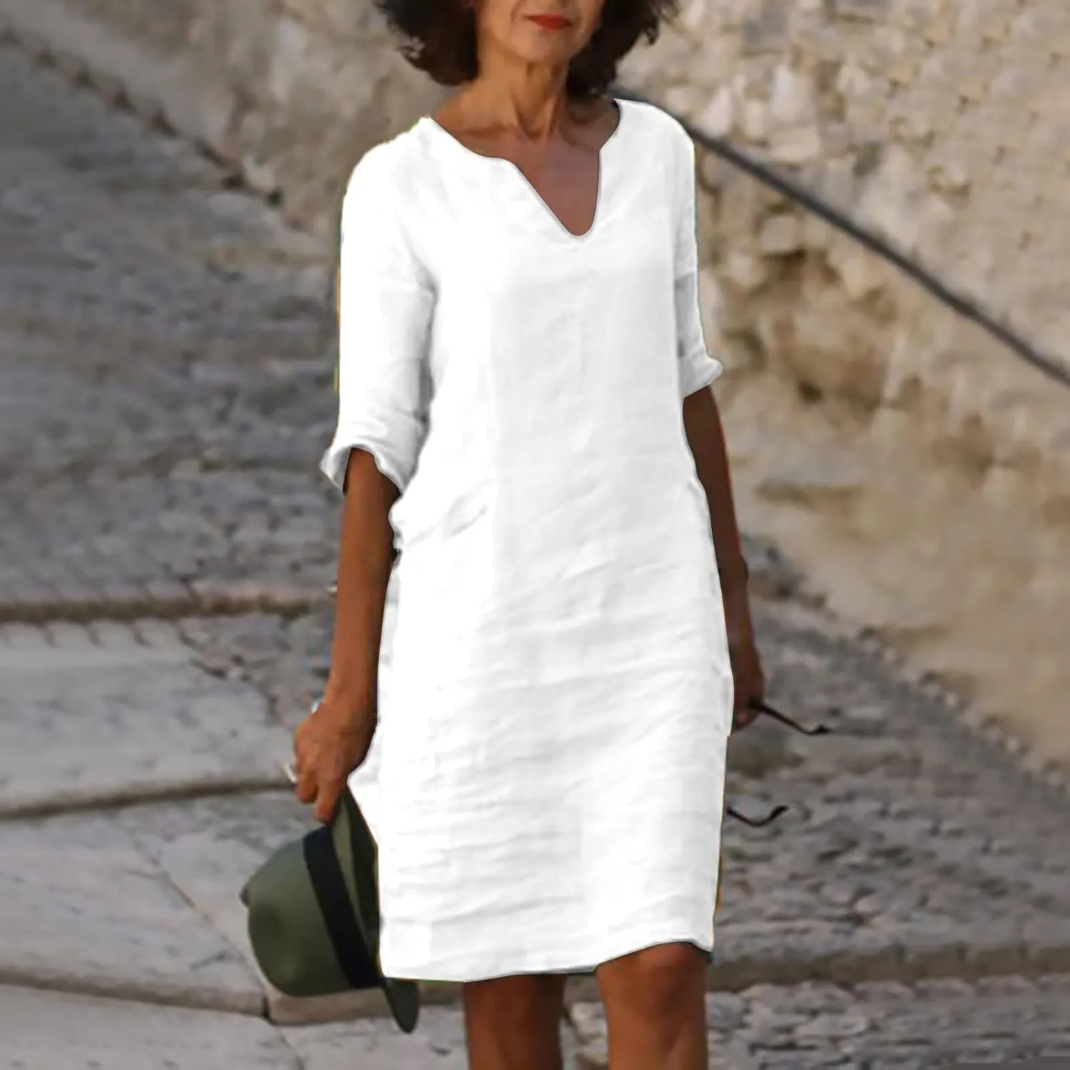 Women Summer Midi Shirt Dresses V Neck Linen Dress Summer Half Sleeve Knee Length Shift Dress Lapel Casual Cotton Linen Dress