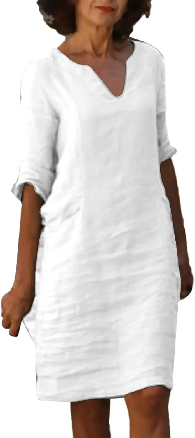 Women Summer Midi Shirt Dresses V Neck Linen Dress Summer Half Sleeve Knee Length Shift Dress Lapel Casual Cotton Linen Dress
