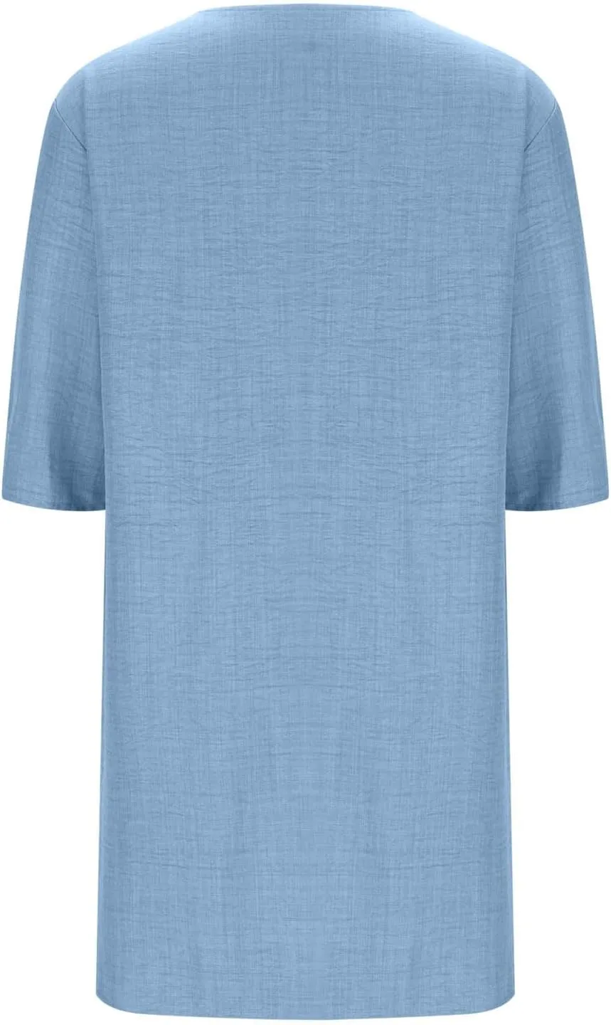 Women's Casual 3/4 Sleeve Summer Dress Loose Fit Round Neck Beach Vacation Shift Flowy Midi Dresses with Pocket