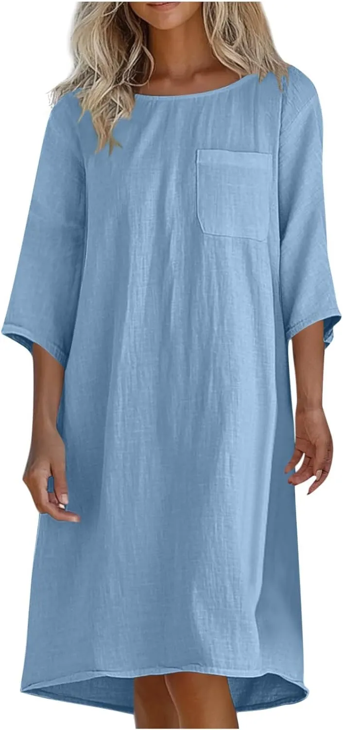 Women's Casual 3/4 Sleeve Summer Dress Loose Fit Round Neck Beach Vacation Shift Flowy Midi Dresses with Pocket