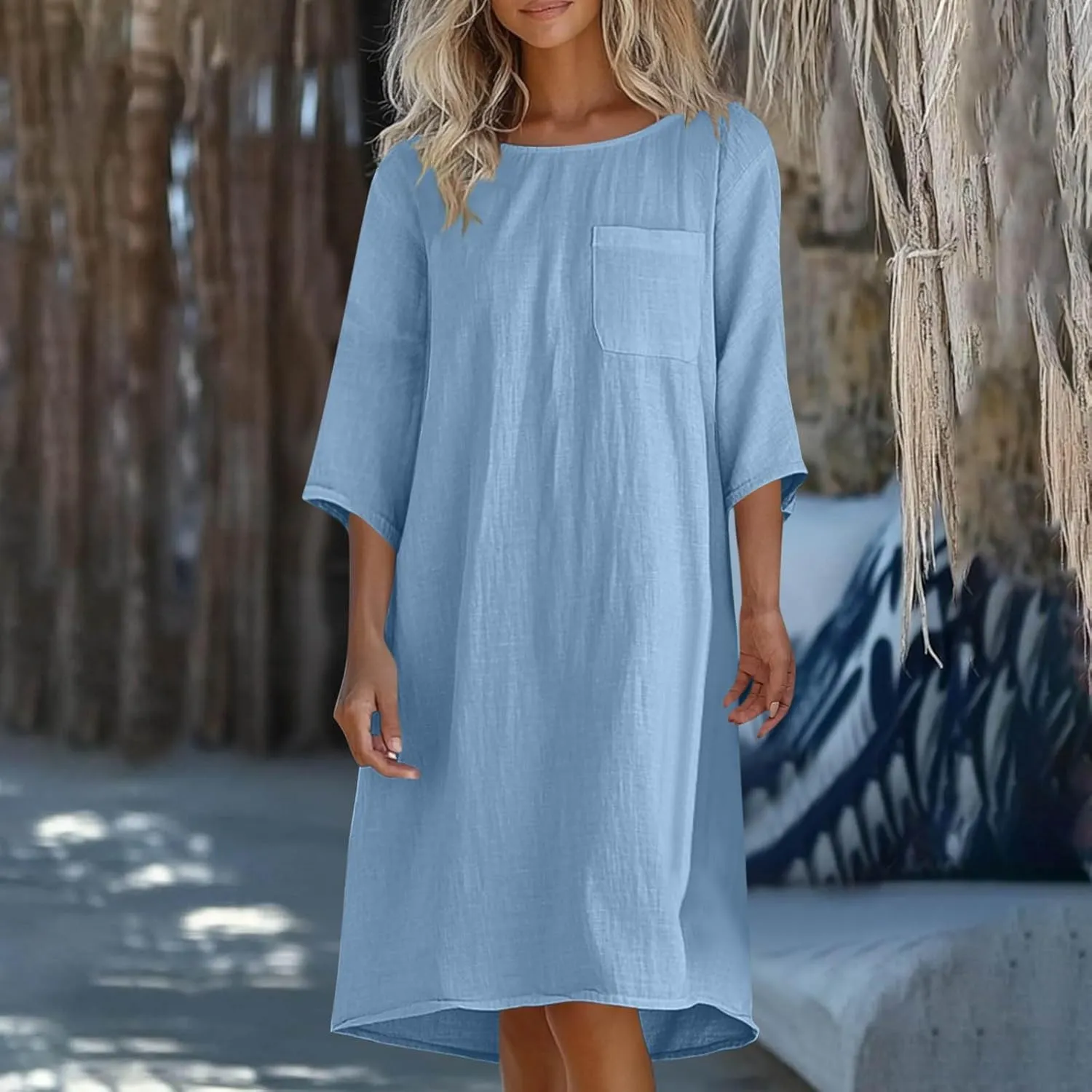 Women's Casual 3/4 Sleeve Summer Dress Loose Fit Round Neck Beach Vacation Shift Flowy Midi Dresses with Pocket