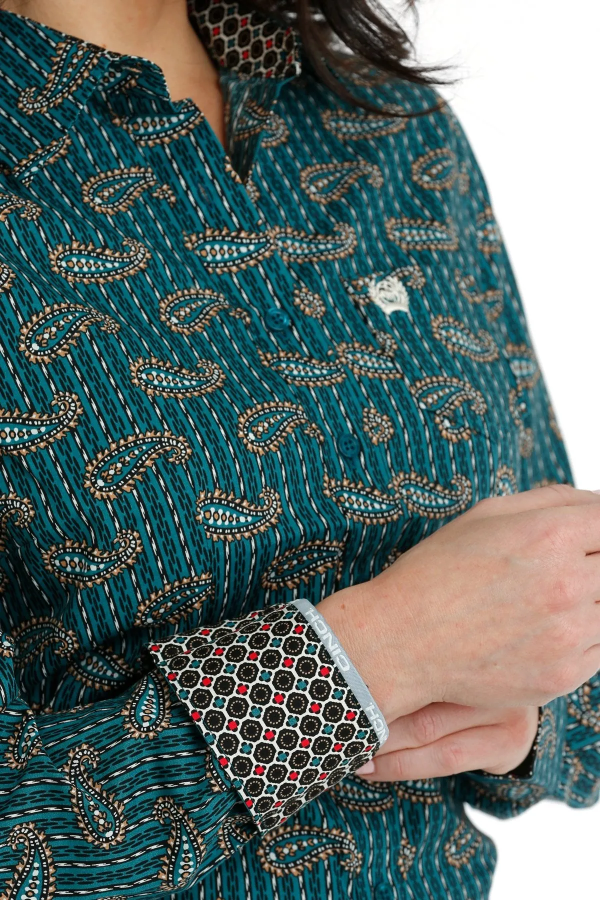 Women's Cinch Teal Paisley Print Long Sleeve Button Down Shirt
