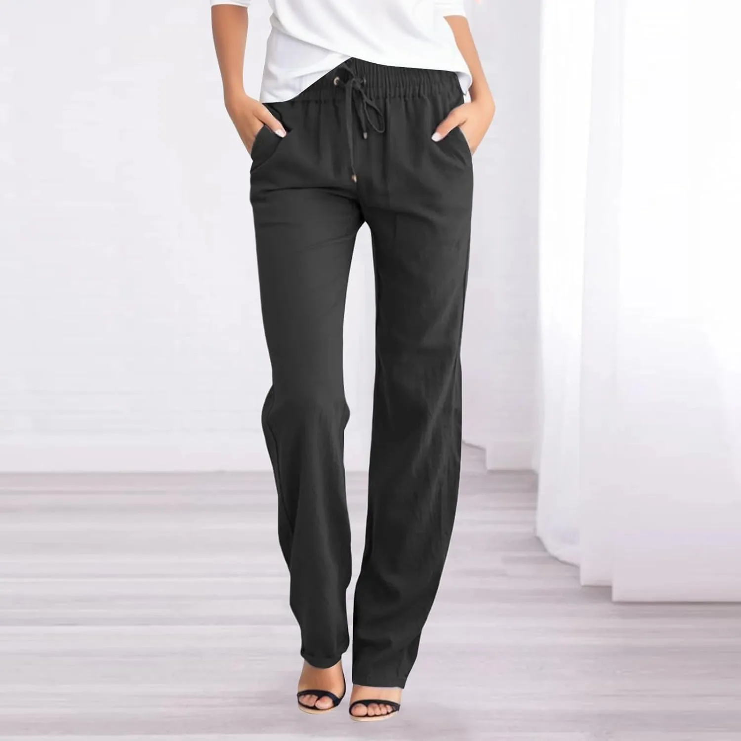 Women's Wide Leg Sweatpants Winter Tailored Sports Palazzo with Pockets Straight Leg Elastic Waist